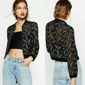 Zara, Black sheer bomber jacket with floral embroidery, Size medium